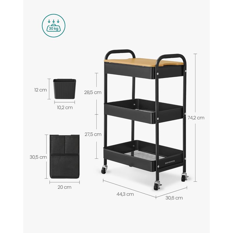 Casa si Gradina - Mobilier - Mobilier baie - Corpuri baie - Raft de depozitare mobil tip carucior rulant, pentru baie sau bucatarie, cadru otel cu blat MDF, 31x44x74 cm, negru - Infinity.ro