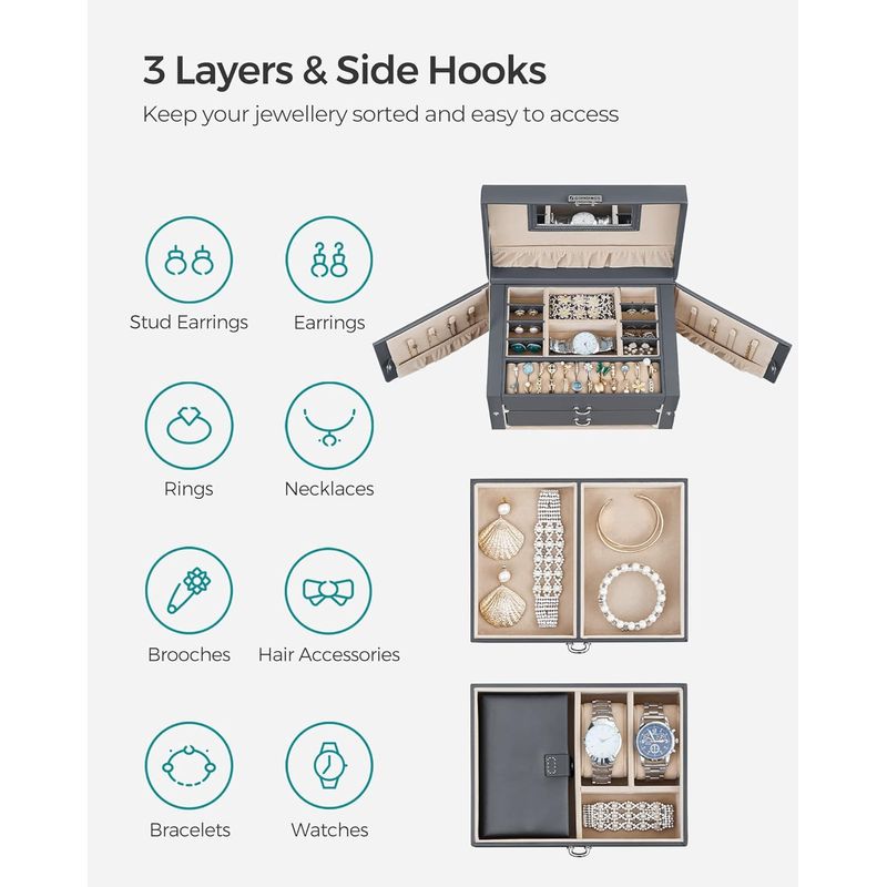 Fashion, accesorii si bijuterii - Femei - Bijuterii femei - Cutii bijuterii - Cutie de bijuterii pe 3 nivele, cu 2 sertare, maner, oglinda, inchidere cu cheie, 18x26x17, gri - Infinity.ro