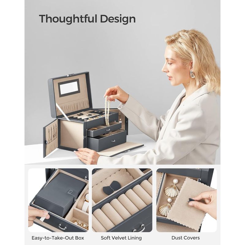 Fashion, accesorii si bijuterii - Femei - Bijuterii femei - Cutii bijuterii - Cutie de bijuterii pe 3 nivele, cu 2 sertare, maner, oglinda, inchidere cu cheie, 18x26x17, gri - Infinity.ro