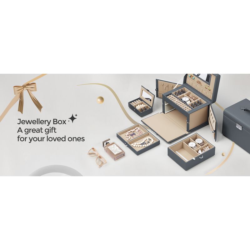 Fashion, accesorii si bijuterii - Femei - Bijuterii femei - Cutii bijuterii - Cutie de bijuterii pe 3 nivele, cu 2 sertare, maner, oglinda, inchidere cu cheie, 18x26x17, gri - Infinity.ro