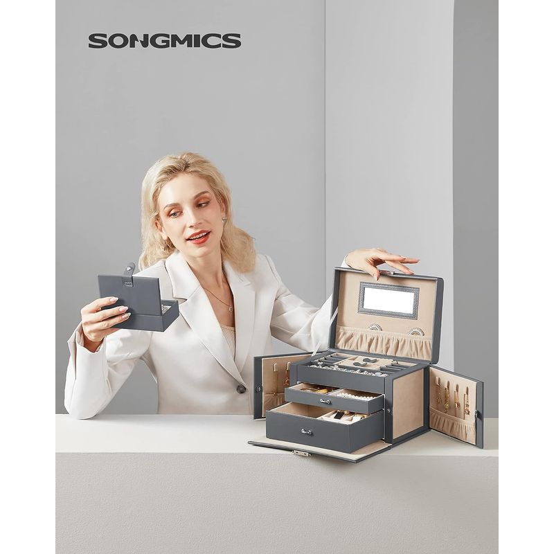 Fashion, accesorii si bijuterii - Femei - Bijuterii femei - Cutii bijuterii - Cutie de bijuterii pe 3 nivele, cu 2 sertare, maner, oglinda, inchidere cu cheie, 18x26x17, gri - Infinity.ro