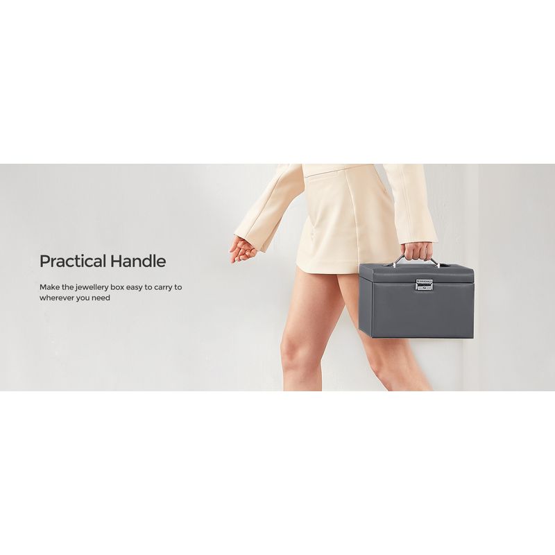 Fashion, accesorii si bijuterii - Femei - Bijuterii femei - Cutii bijuterii - Cutie de bijuterii pe 3 nivele, cu 2 sertare, maner, oglinda, inchidere cu cheie, 18x26x17, gri - Infinity.ro