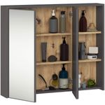 Casa si Gradina - Mobilier - Mobilier baie - Corpuri baie - Dulap de baie suspendat cu oglinda, 2 usi si 3 rafturi interioare, PAL 16 mm, 90x15x75 cm, gri si stejar artisan - Infinity.ro