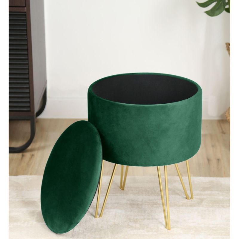 Casa si Gradina - Mobilier - Scaune si fotolii - Tabureti - Taburet tapitat rotund Lili cu spatiu de depozitare, velur, 35x35x45 cm, verde - Infinity.ro