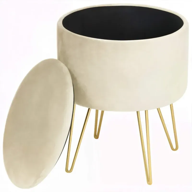 Casa si Gradina - Mobilier - Scaune si fotolii - Tabureti - Taburet tapitat rotund Lili cu spatiu de depozitare, velur, 35x35x45 cm, crem - Infinity.ro