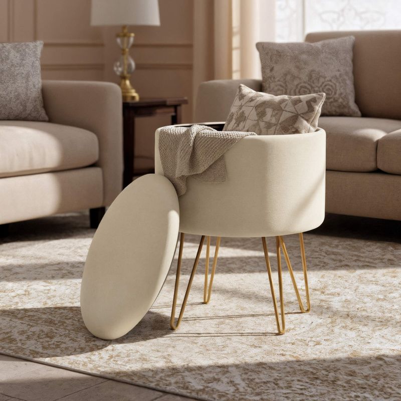 Casa si Gradina - Mobilier - Scaune si fotolii - Tabureti - Taburet tapitat rotund Lili cu spatiu de depozitare, velur, 35x35x45 cm, crem - Infinity.ro