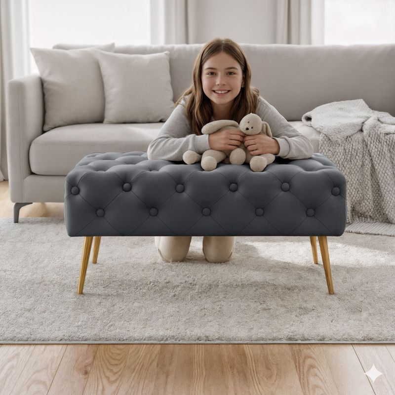 Casa si Gradina - Mobilier - Scaune si fotolii - Tabureti - Taburet Madrid, tapitat cu catifea, tip banca, cu picioare metalice, 80x42x41 cm, gri - Infinity.ro