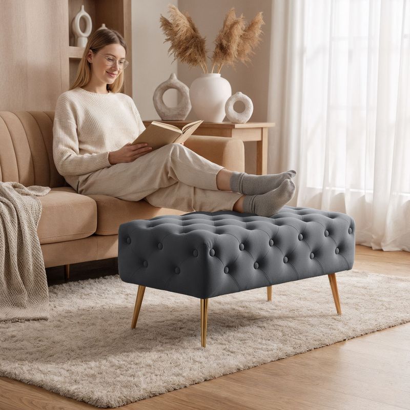 Casa si Gradina - Mobilier - Scaune si fotolii - Tabureti - Taburet Madrid, tapitat cu catifea, tip banca, cu picioare metalice, 80x42x41 cm, gri - Infinity.ro