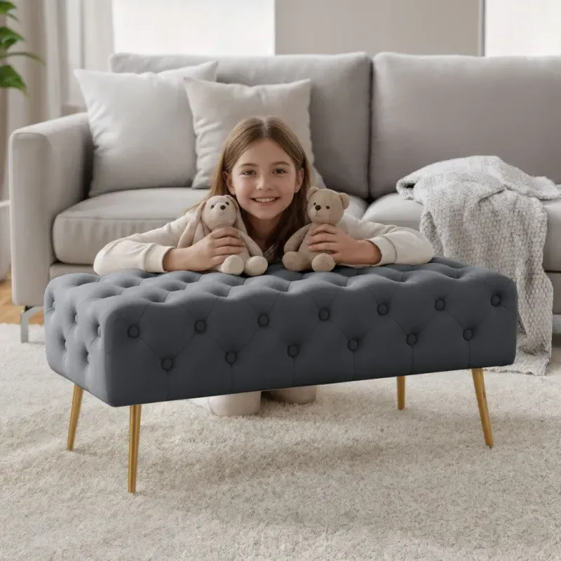 Casa si Gradina - Mobilier - Scaune si fotolii - Tabureti - Taburet Monaco, tapitat cu catifea, tip banca, cu picioare metalice, 100x42x41 cm, gri - Infinity.ro