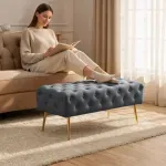 Casa si Gradina - Mobilier - Scaune si fotolii - Tabureti - Taburet Monaco, tapitat cu catifea, tip banca, cu picioare metalice, 100x42x41 cm, gri - Infinity.ro