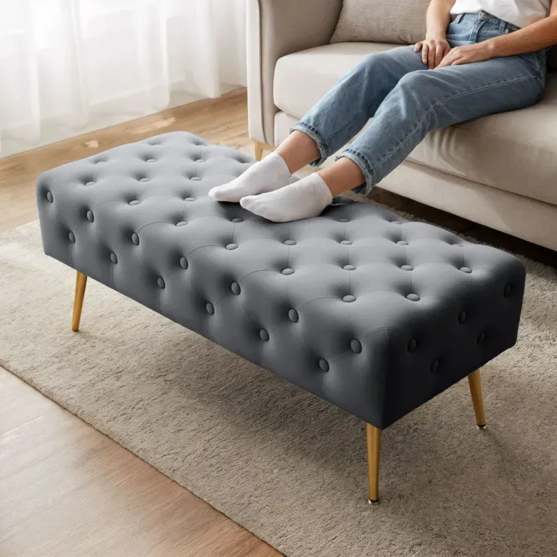 Casa si Gradina - Mobilier - Scaune si fotolii - Tabureti - Taburet Monaco, tapitat cu catifea, tip banca, cu picioare metalice, 100x42x41 cm, gri - Infinity.ro