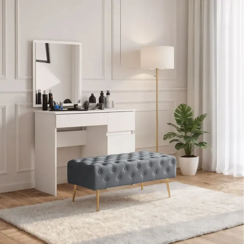 Casa si Gradina - Mobilier - Scaune si fotolii - Tabureti - Taburet Monaco, tapitat cu catifea, tip banca, cu picioare metalice, 100x42x41 cm, gri - Infinity.ro