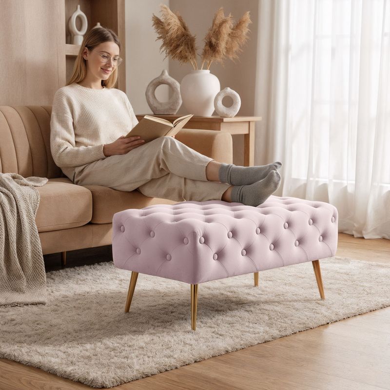 Casa si Gradina - Mobilier - Scaune si fotolii - Tabureti - Taburet Madrid, tapitat cu catifea, tip banca, cu picioare metalice, 80x42x41 cm, roz pudra - Infinity.ro