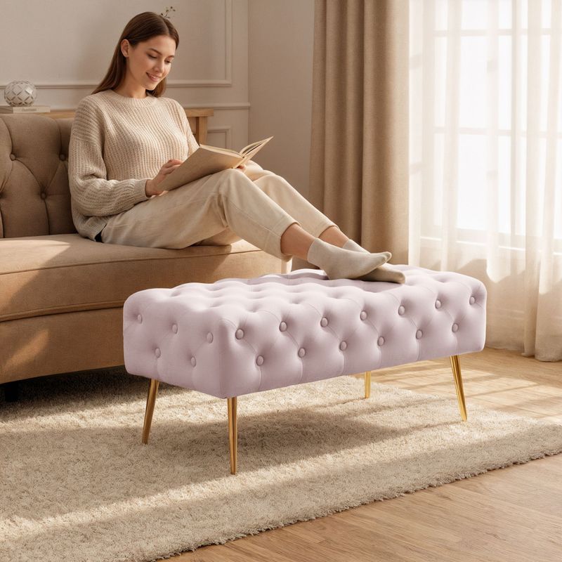 Casa si Gradina - Mobilier - Scaune si fotolii - Tabureti - Taburet Monaco, tapitat cu catifea, tip banca, cu picioare metalice, 100x42x41 cm, roz pudra - Infinity.ro