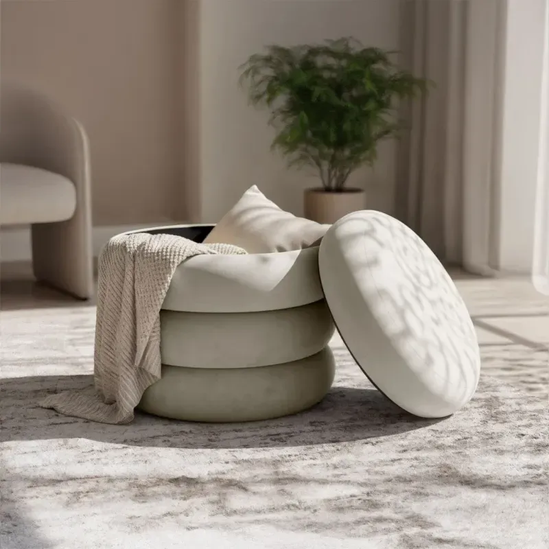 Casa si Gradina - Mobilier - Scaune si fotolii - Tabureti - Taburet tapitat Snuggo cu spatiu de depozitare, velur, diametru 42 cm, inaltime 45 cm, crem - Infinity.ro