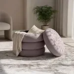 Casa si Gradina - Mobilier - Scaune si fotolii - Tabureti - Taburet tapitat Snuggo cu spatiu de depozitare, velur, diametru 42 cm, inaltime 45 cm, roz pudrat - Infinity.ro