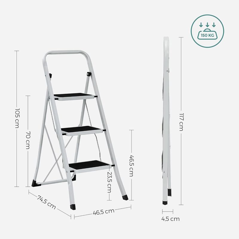 Casa si Gradina - Constructii - Scari si accesorii interioare - Scari aluminiu/ otel - Scara pliabila cu 3 trepte, sarcina 150 kg, otel, 47x75x105 cm, alb si negru - Infinity.ro