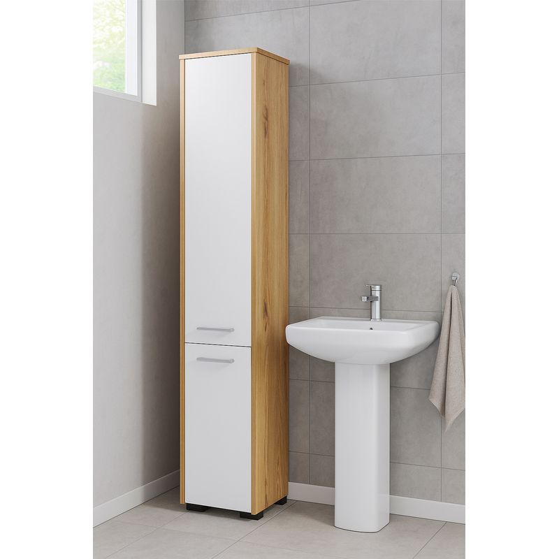 Casa si Gradina - Mobilier - Mobilier baie - Corpuri baie - Dulap baie tip coloana cu 2 usi si 5 rafturi, PAL laminat, 30x30x140 cm, stejar artisan si alb - Infinity.ro