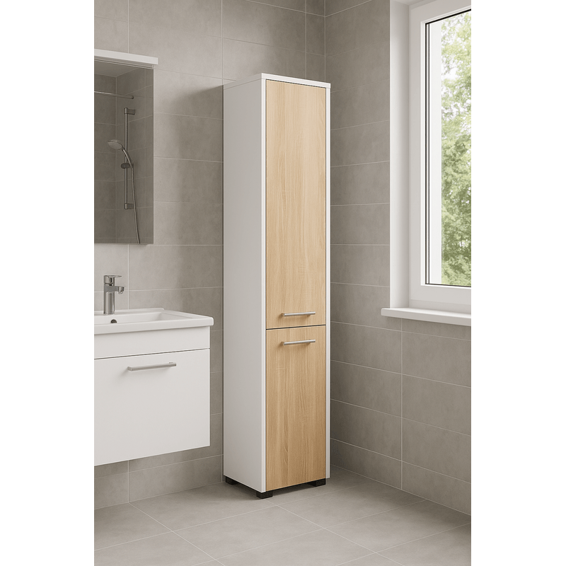 Casa si Gradina - Mobilier - Mobilier baie - Corpuri baie - Dulap baie tip coloana cu 2 usi si 5 rafturi, PAL laminat, 30x30x140 cm, alb si stejar sonoma - Infinity.ro