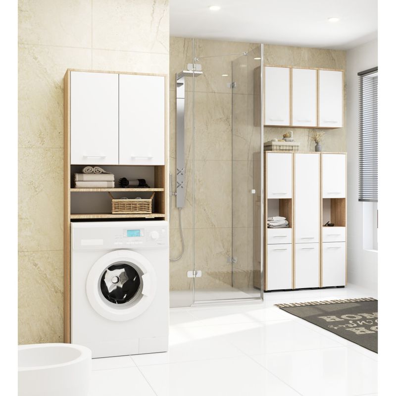 Casa si Gradina - Mobilier - Mobilier baie - Corpuri baie - Dulap baie tip coloana cu 2 usi, 1 sertar si rafturi interioare, PAL laminat, 30x30x140 cm, stejar sonoma si alb - Infinity.ro