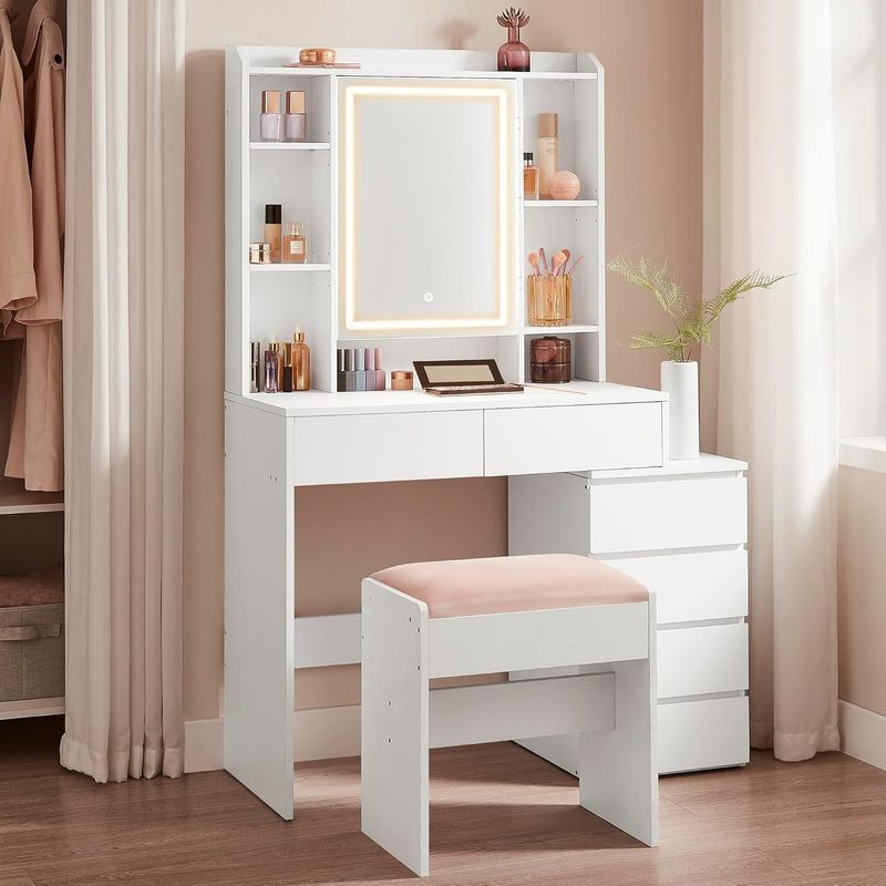 Casa si Gradina - Mobilier - Comode si corpuri - Masute de toaleta - Masa de toaleta cu taburet si oglinda, iluminare LED reglabila, 6 sertare, 98x40x145 cm, alb - Infinity.ro