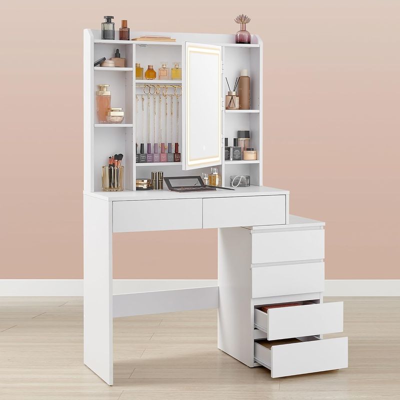 Casa si Gradina - Mobilier - Comode si corpuri - Masute de toaleta - Masa de toaleta cu taburet si oglinda, iluminare LED reglabila, 6 sertare, 98x40x145 cm, alb - Infinity.ro