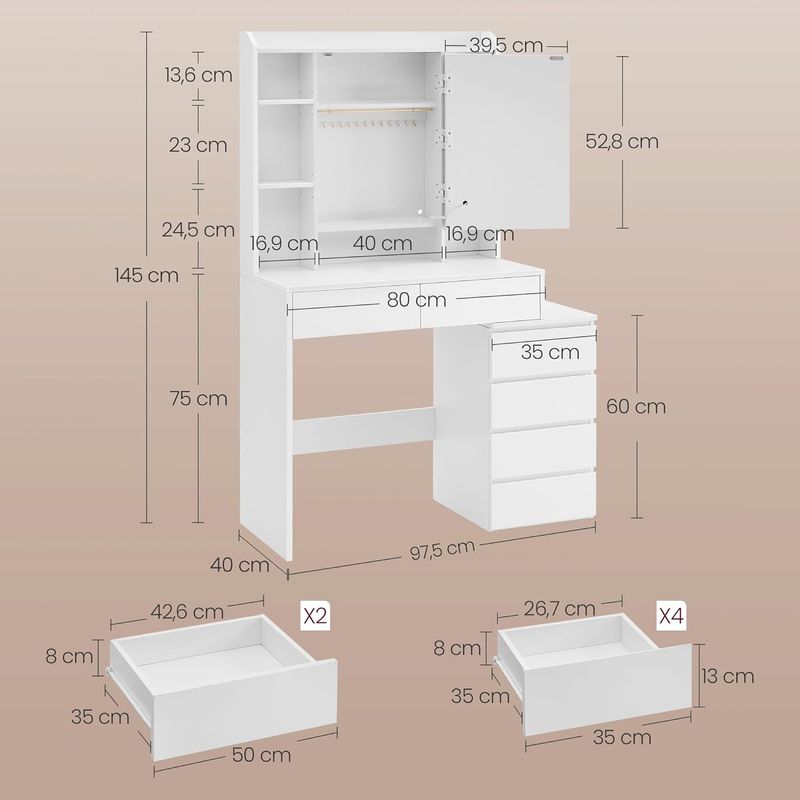 Casa si Gradina - Mobilier - Comode si corpuri - Masute de toaleta - Masa de toaleta cu taburet si oglinda, iluminare LED reglabila, 6 sertare, 98x40x145 cm, alb - Infinity.ro