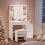 Casa si Gradina - Mobilier - Comode si corpuri - Masute de toaleta - Masa de toaleta cu taburet si oglinda, iluminare LED reglabila, 6 sertare, 98x40x145 cm, alb - Infinity.ro