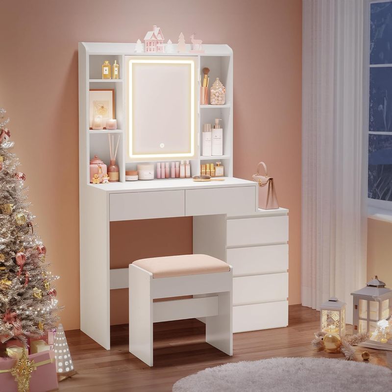 Casa si Gradina - Mobilier - Comode si corpuri - Masute de toaleta - Masa de toaleta cu taburet si oglinda, iluminare LED reglabila, 6 sertare, 98x40x145 cm, alb - Infinity.ro