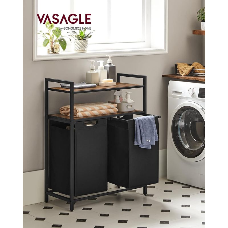 Market - Spalare si intretinere rufe - Uscatoare de rufe si accesorii - Cos de rufe, cu 2 saci detasabili, 2 rafturi, capacitate de 46L per sac, 73x33x72cm , maro rustic si negru - Infinity.ro