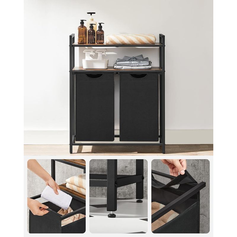 Market - Spalare si intretinere rufe - Uscatoare de rufe si accesorii - Cos de rufe, cu 2 saci detasabili, 2 rafturi, capacitate de 46L per sac, 73x33x72cm , maro rustic si negru - Infinity.ro