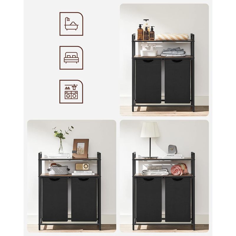 Market - Spalare si intretinere rufe - Uscatoare de rufe si accesorii - Cos de rufe, cu 2 saci detasabili, 2 rafturi, capacitate de 46L per sac, 73x33x72cm , maro rustic si negru - Infinity.ro