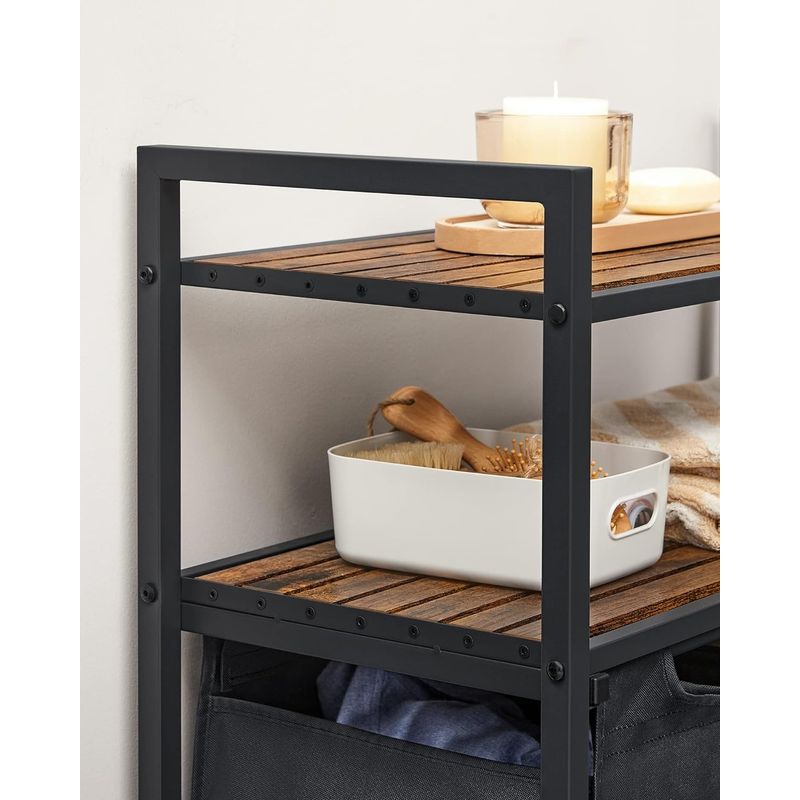 Market - Spalare si intretinere rufe - Uscatoare de rufe si accesorii - Cos de rufe, cu 2 saci detasabili, 2 rafturi, capacitate de 46L per sac, 73x33x72cm , maro rustic si negru - Infinity.ro
