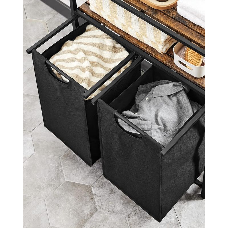 Market - Spalare si intretinere rufe - Uscatoare de rufe si accesorii - Cos de rufe, cu 2 saci detasabili, 2 rafturi, capacitate de 46L per sac, 73x33x72cm , maro rustic si negru - Infinity.ro