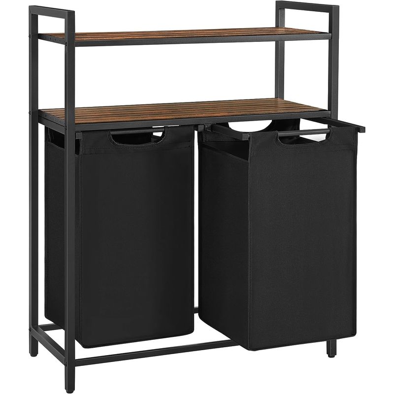 Market - Spalare si intretinere rufe - Uscatoare de rufe si accesorii - Cos de rufe, cu 2 saci detasabili, 2 rafturi, capacitate de 46L per sac, 73x33x72cm , maro rustic si negru - Infinity.ro