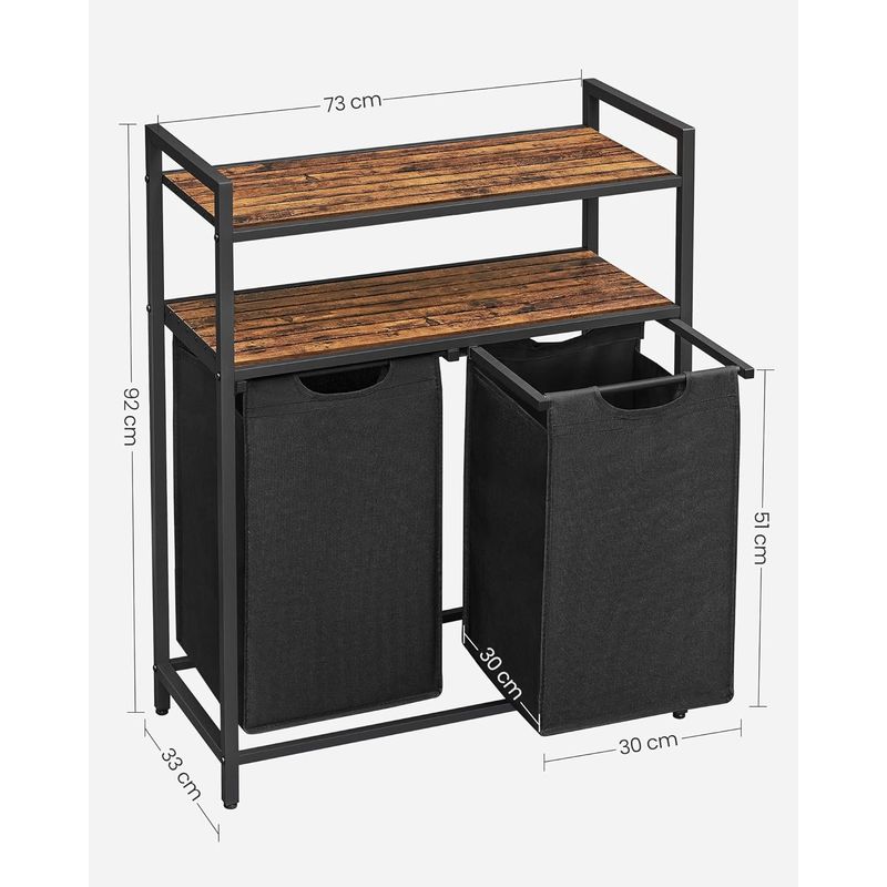 Market - Spalare si intretinere rufe - Uscatoare de rufe si accesorii - Cos de rufe, cu 2 saci detasabili, 2 rafturi, capacitate de 46L per sac, 73x33x72cm , maro rustic si negru - Infinity.ro