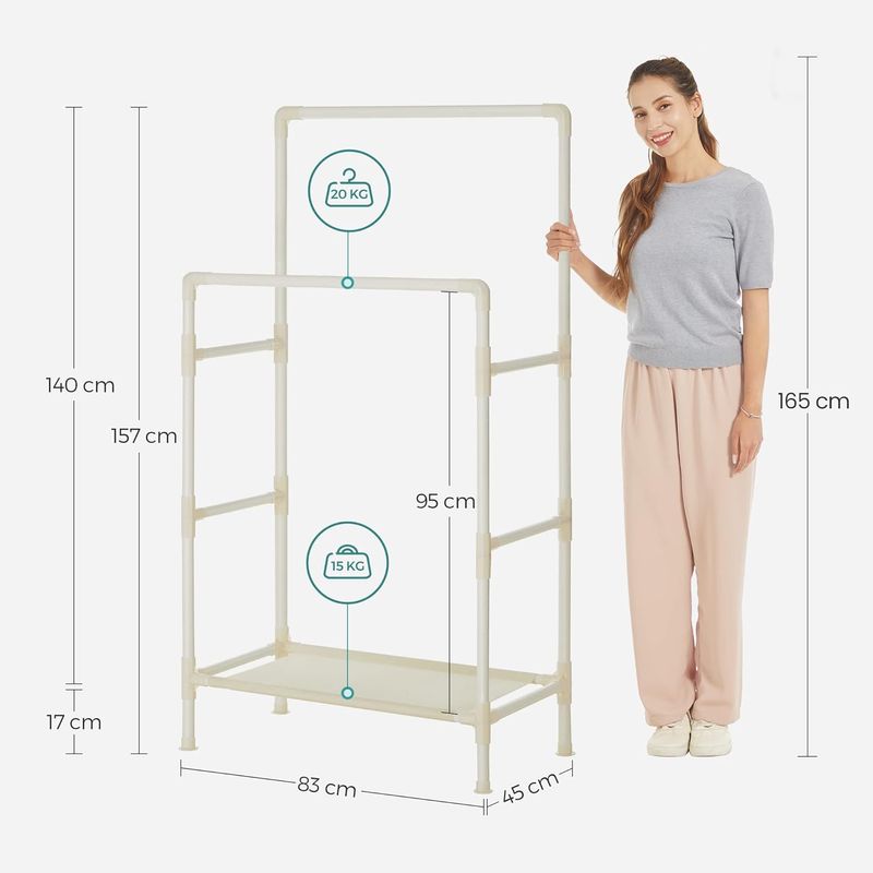 Casa si Gradina - Mobilier - Organizare si depozitare - Cuiere - Raft de haine din metal, cu 2 bare de haine si 1 raft, maxim 70 kg, industrial, 45x83x157cm, alb - Infinity.ro