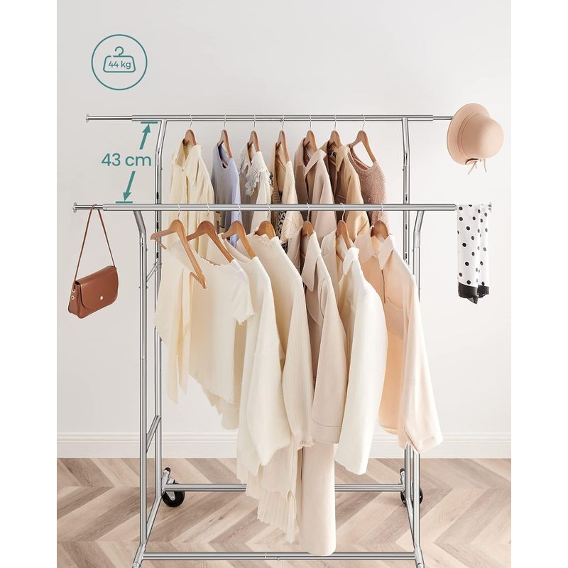 Casa si Gradina - Mobilier - Organizare si depozitare - Cuiere - Suport pentru haine pe roti, sina dubla extensibila, din inox cromat, sarcina 100kg, 129x55x148cm, argintiu - Infinity.ro