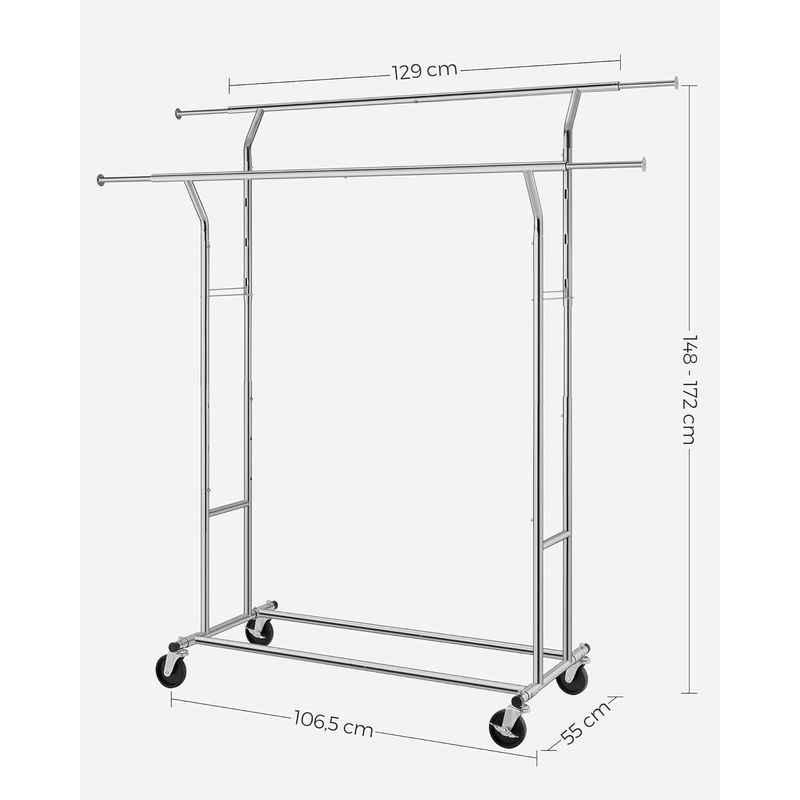 Casa si Gradina - Mobilier - Organizare si depozitare - Cuiere - Suport pentru haine pe roti, sina dubla extensibila, din inox cromat, sarcina 100kg, 129x55x148cm, argintiu - Infinity.ro