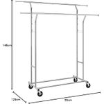 Casa si Gradina - Mobilier - Organizare si depozitare - Cuiere - Suport pentru haine pe roti, sina dubla extensibila, din inox cromat, sarcina 100kg, 129x55x148cm, argintiu - Infinity.ro