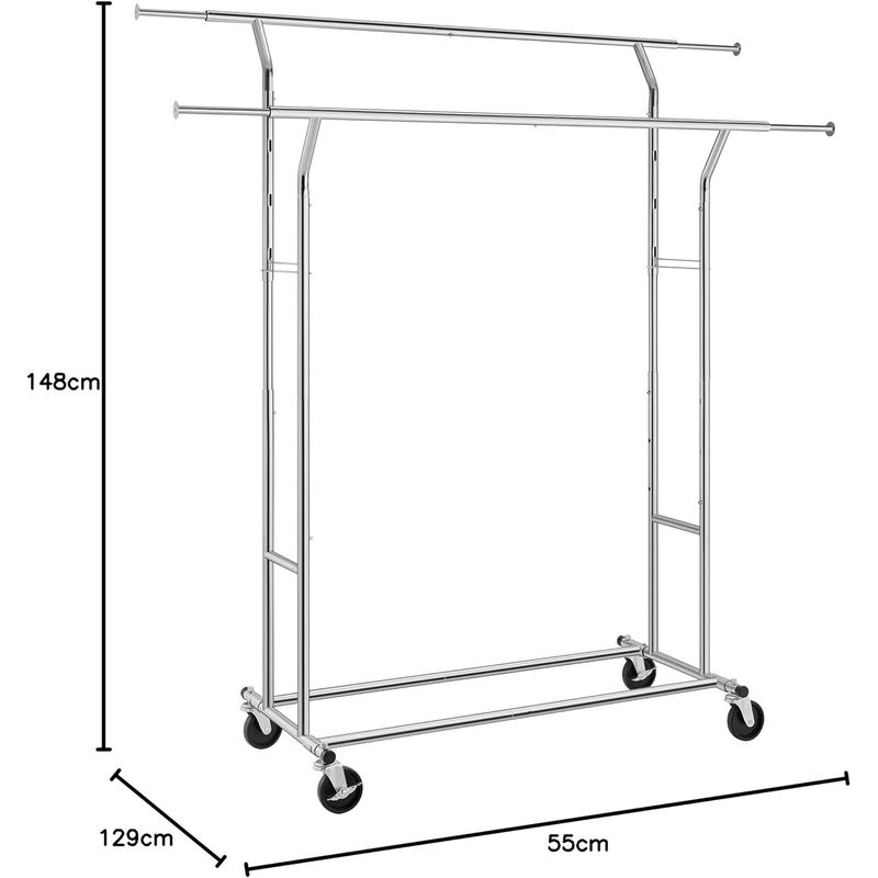 Casa si Gradina - Mobilier - Organizare si depozitare - Cuiere - Suport pentru haine pe roti, sina dubla extensibila, din inox cromat, sarcina 100kg, 129x55x148cm, argintiu - Infinity.ro