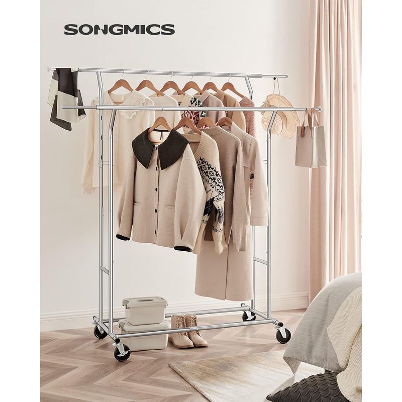 Casa si Gradina - Mobilier - Organizare si depozitare - Cuiere - Suport pentru haine pe roti, sina dubla extensibila, din inox cromat, sarcina 100kg, 129x55x148cm, argintiu - Infinity.ro