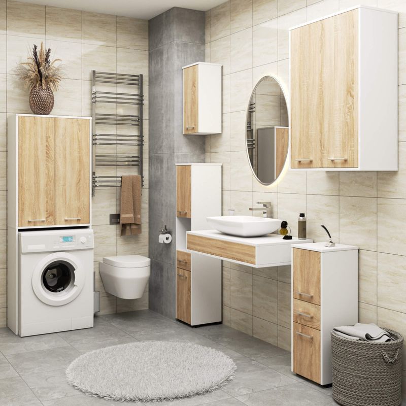 Casa si Gradina - Mobilier - Mobilier baie - Corpuri baie - Dulap baie suspendat, cu 2 usi si 4 rafturi interioare, PAL 16 mm, 64x30x94 cm, alb si stejar sonoma - Infinity.ro