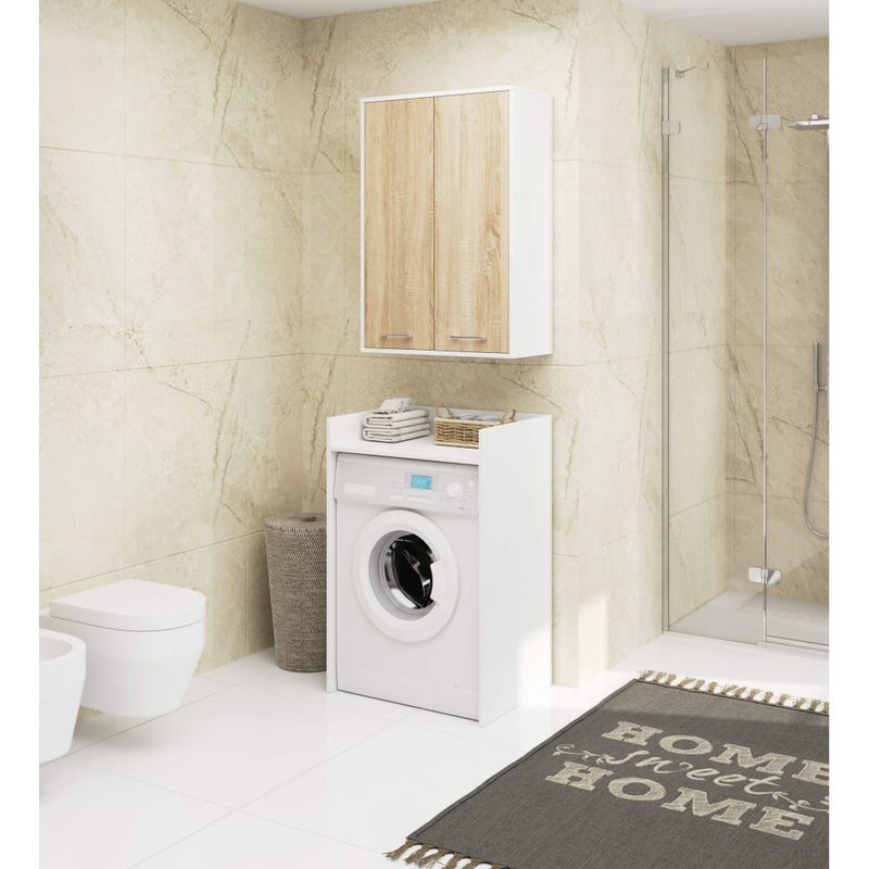 Casa si Gradina - Mobilier - Mobilier baie - Corpuri baie - Dulap baie suspendat, cu 2 usi si 4 rafturi interioare, PAL 16 mm, 64x30x94 cm, alb si stejar sonoma - Infinity.ro