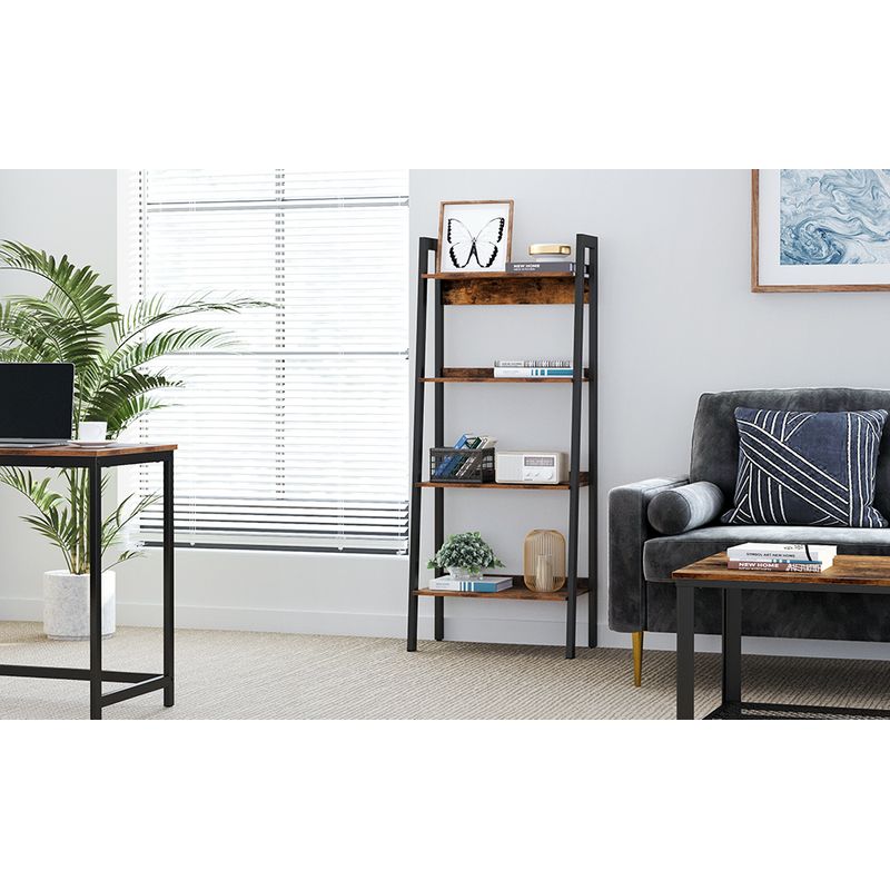 Casa si Gradina - Mobilier - Biblioteci si rafturi - Biblioteci - Biblioteca tip scara, cadru otel cu 4 polite din MDF, stil industrial, 56x34x138cm, maro rustic si negru - Infinity.ro