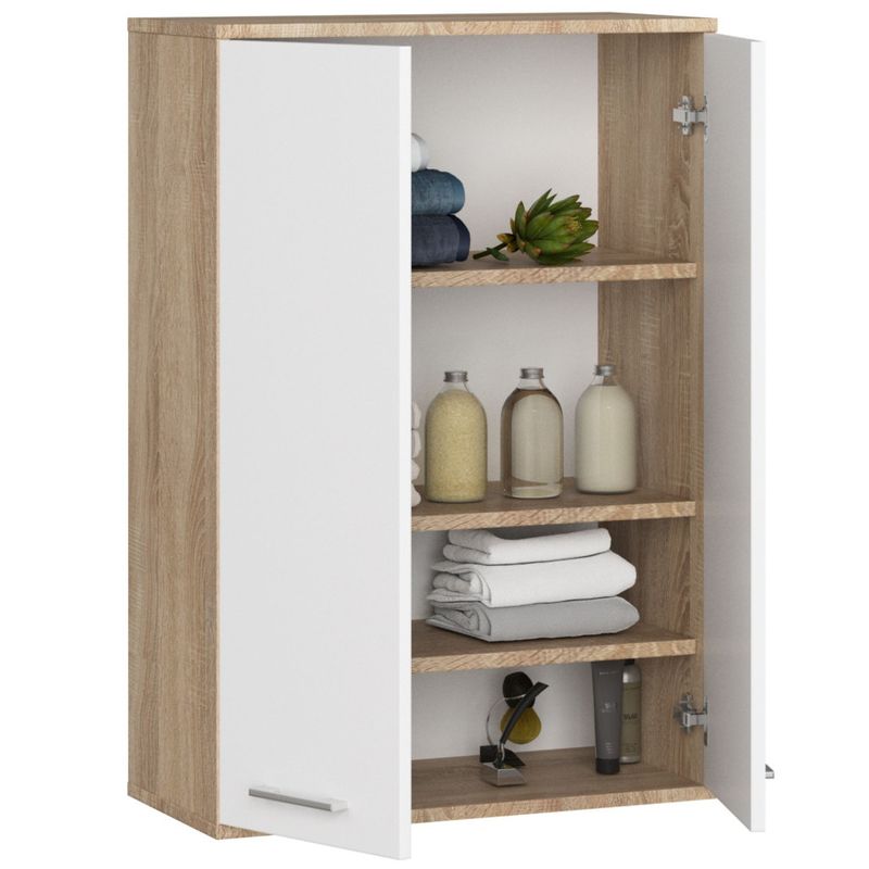 Casa si Gradina - Mobilier - Mobilier baie - Corpuri baie - Dulap baie suspendat, cu 2 usi si 4 rafturi interioare, PAL 16 mm, 64x30x94 cm, stejar sonoma si alb - Infinity.ro
