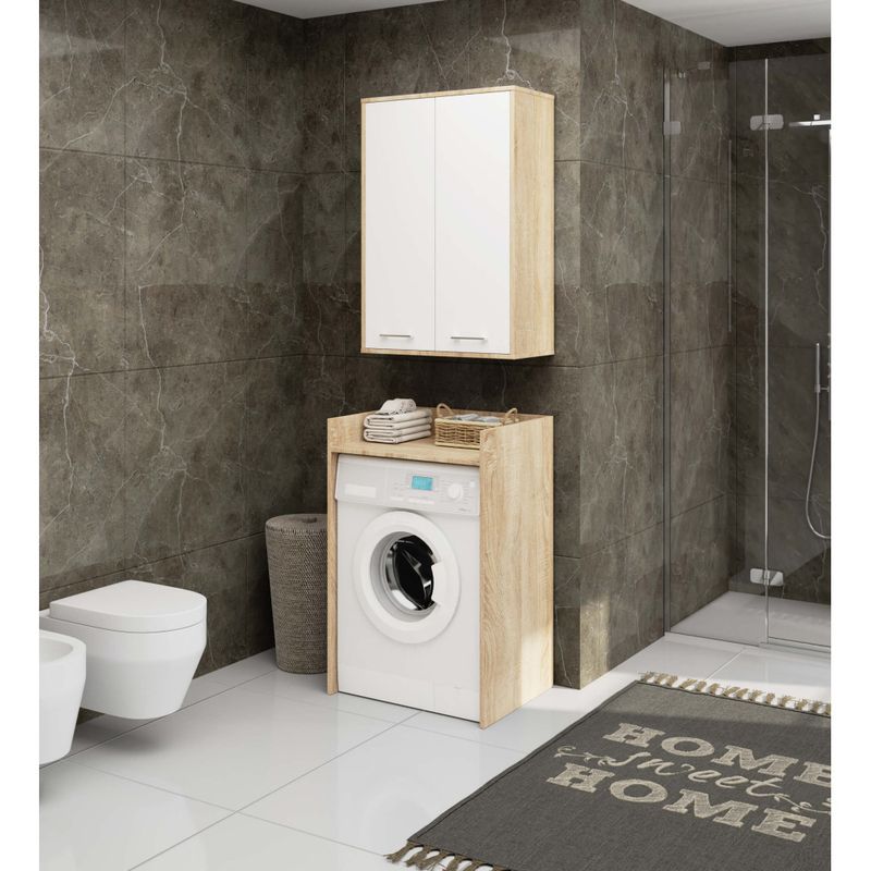 Casa si Gradina - Mobilier - Mobilier baie - Corpuri baie - Dulap baie suspendat, cu 2 usi si 4 rafturi interioare, PAL 16 mm, 64x30x94 cm, stejar sonoma si alb - Infinity.ro