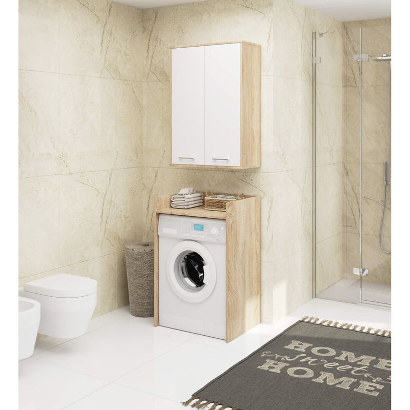 Casa si Gradina - Mobilier - Mobilier baie - Corpuri baie - Dulap baie suspendat, cu 2 usi si 4 rafturi interioare, PAL 16 mm, 64x30x94 cm, stejar sonoma si alb - Infinity.ro