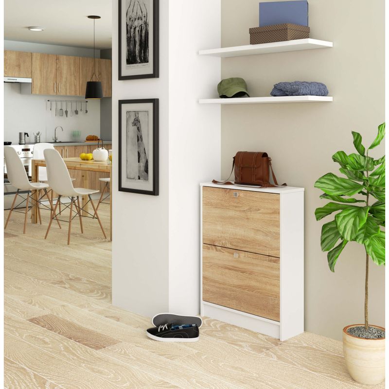 Casa si Gradina - Mobilier - Dulapuri si sifoniere - Dulapuri pantofi - Dulap pantofi cu 2 usi rabatabile, PAL laminat 16 mm, 60x20x80 cm, alb si stejar sonoma - Infinity.ro