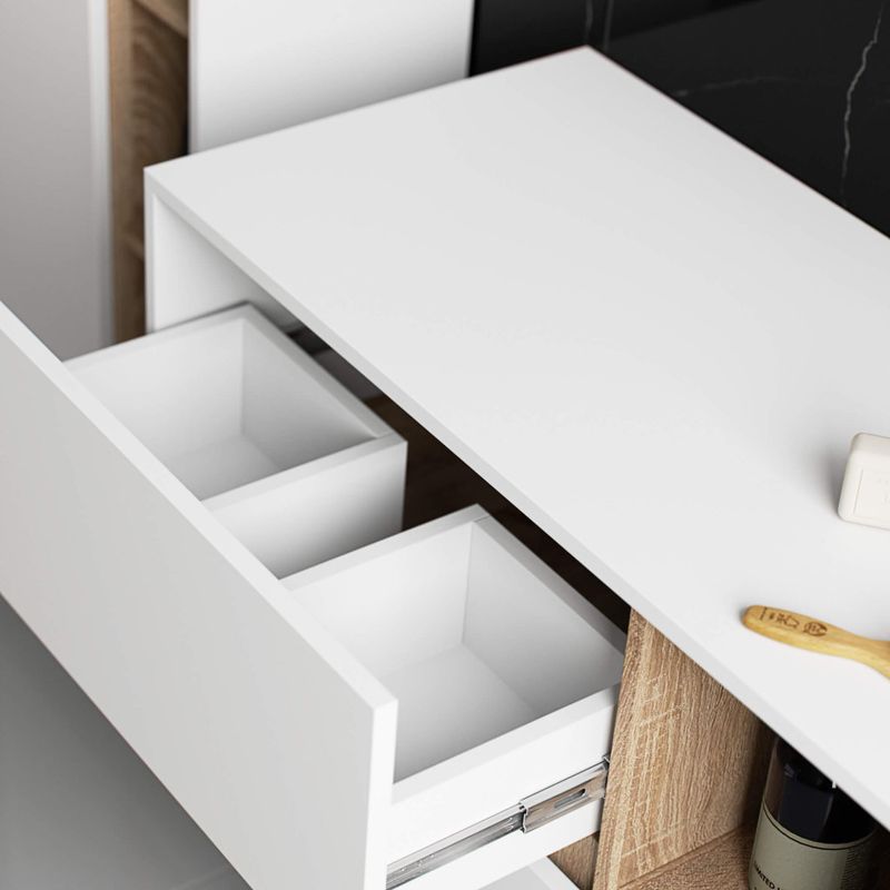 Casa si Gradina - Mobilier - Mobilier baie - Corpuri baie - Etajera de baie suspendata, cu 2 sertare, PAL 16 mm, 90x46x60 cm, alb si stejar sonoma - Infinity.ro